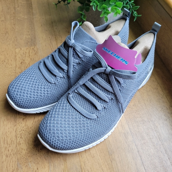 Skechers Faux Lace Stretch Knit Slip-On Sneakers | Outplay | Slate | 9.5 - Picture 3 of 9